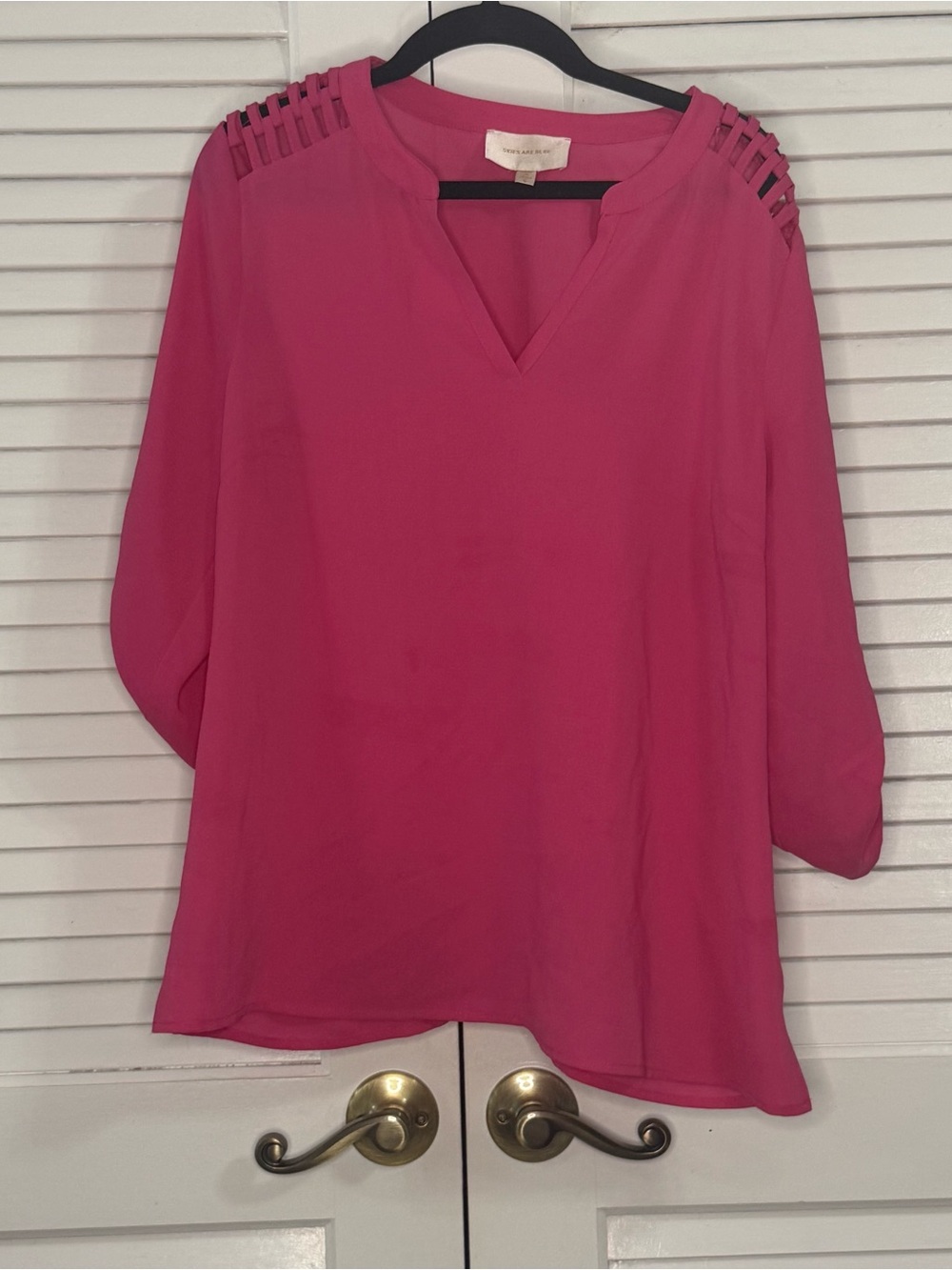 Skies Are Blue Hot Pink V-Neck Blouse with Ladder-Trim Shoulders